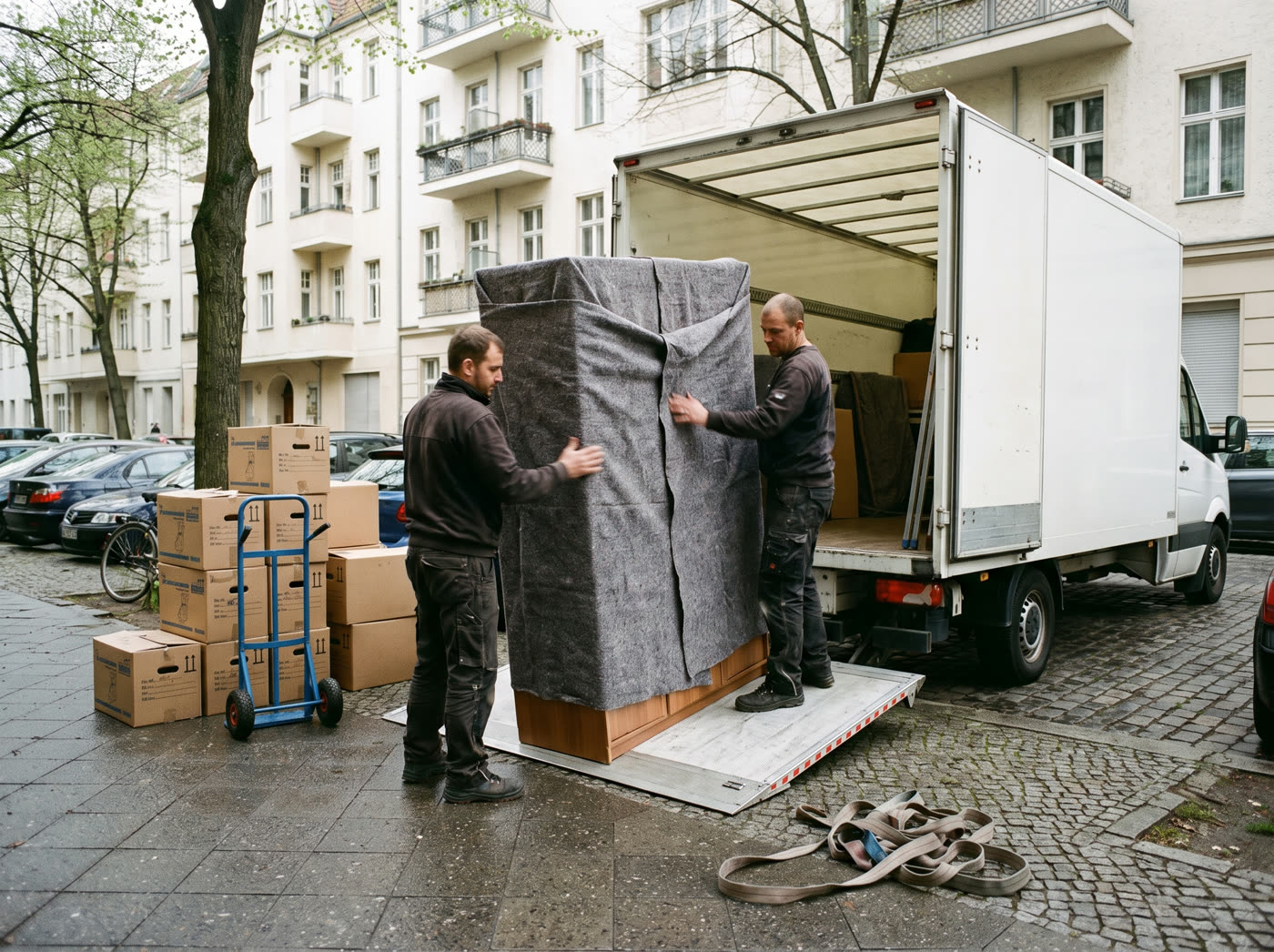 Zwei Umzugshelfer tragen einen verpackten Schrank aus dem Transporter