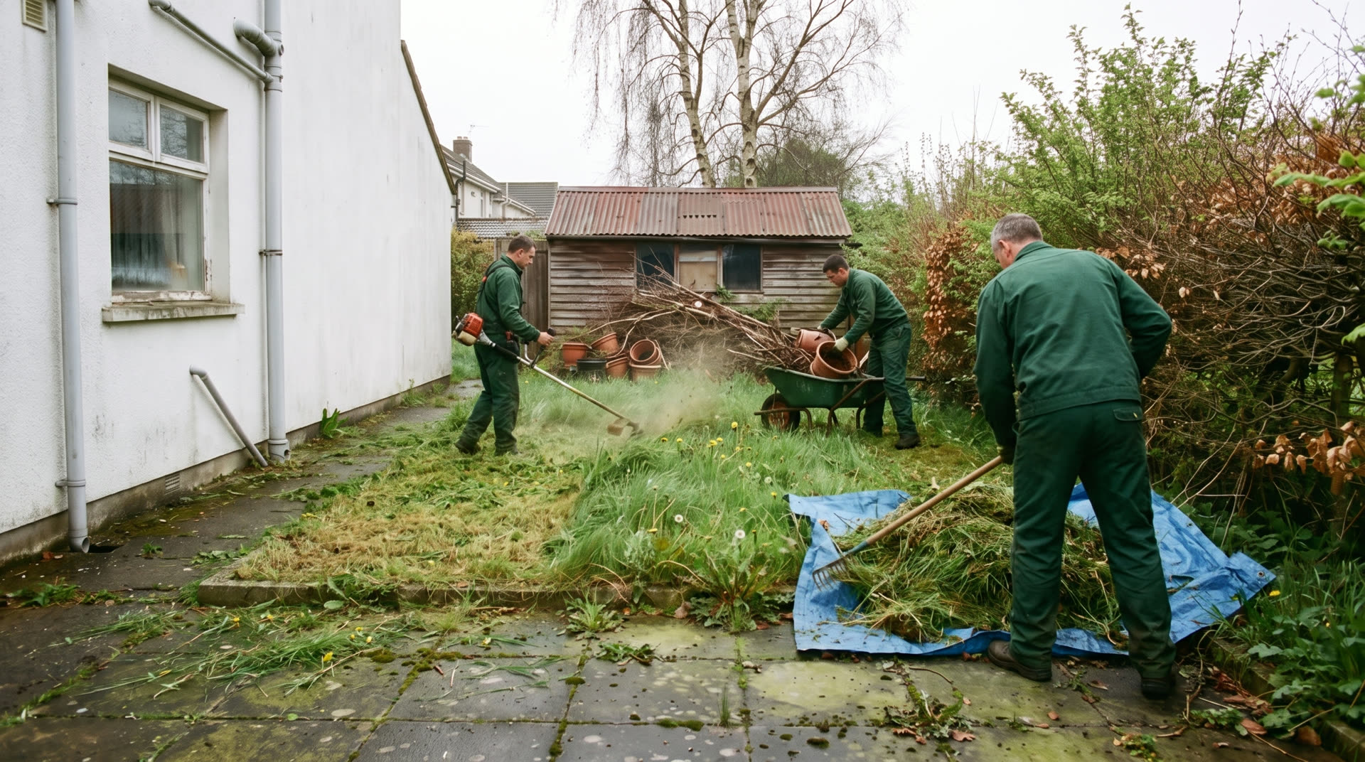Dreiköpfiges Team räumt den Garten, mäht das hohe Gras und lädt Grünschnitt auf