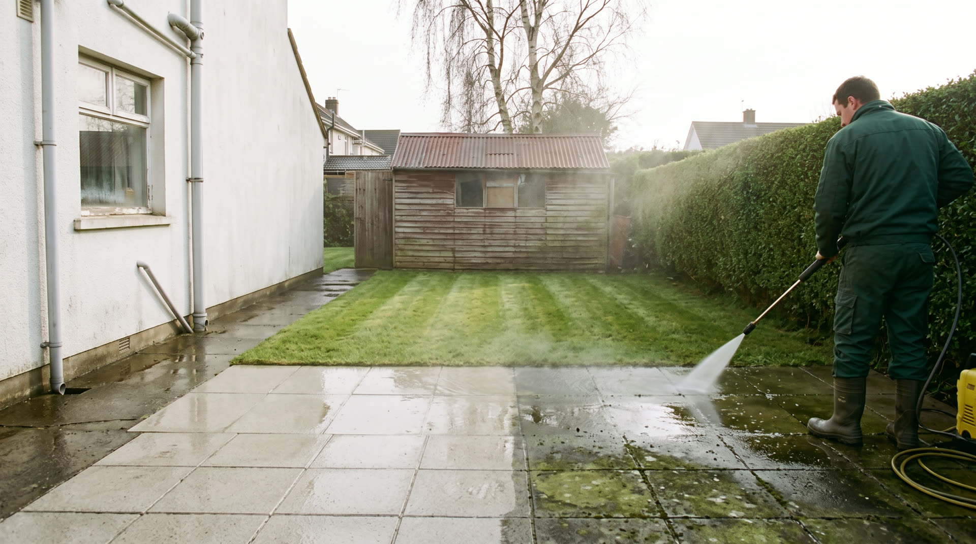 Terrassenplatten werden mit dem Hochdruckreiniger gereinigt, halb sauber, halb noch vermoost