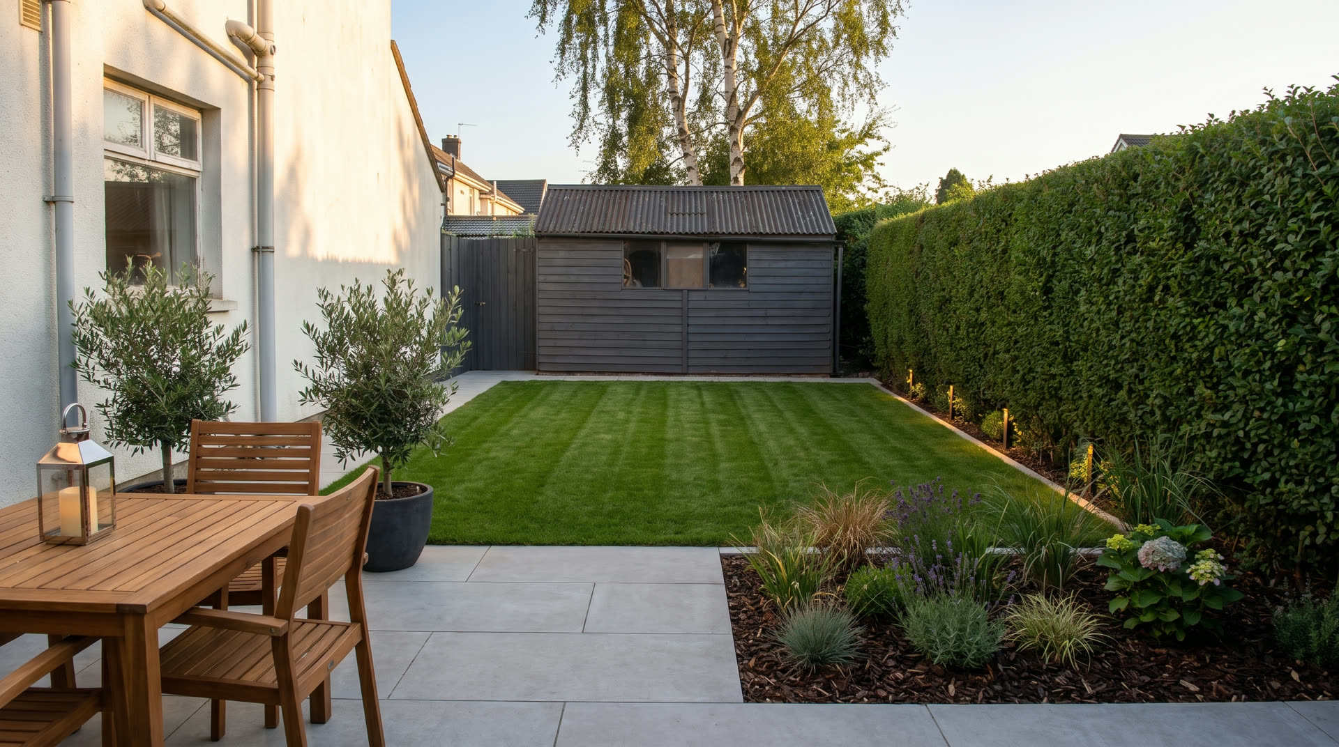 Fertiger Garten im Abendlicht mit Sitzplatz, Beet, geschnittener Hecke und dichtem Rasen