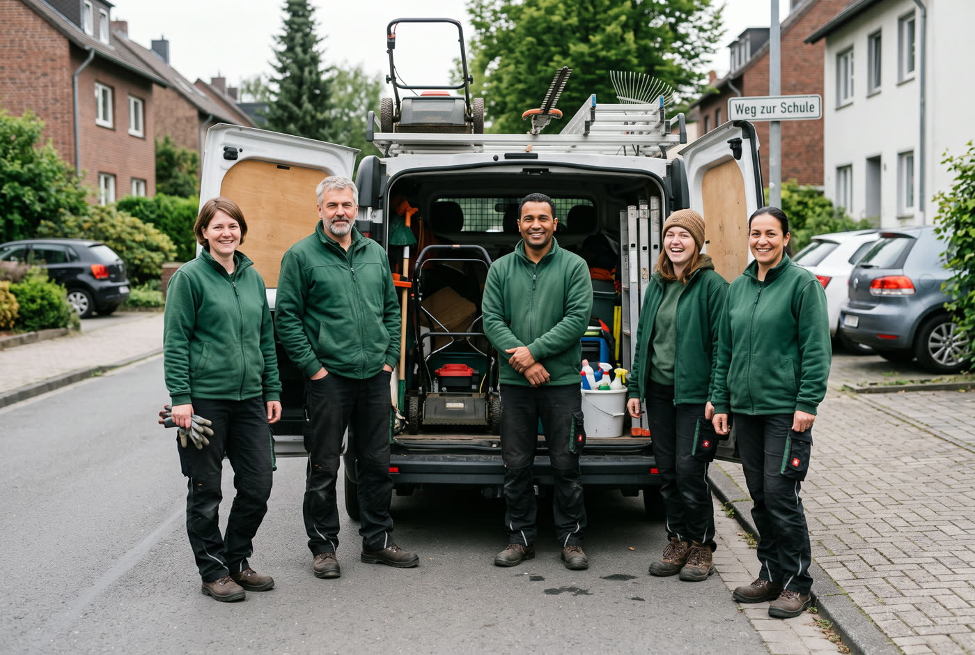 Das Team von Gebäude und Garten vor dem beladenen Transporter